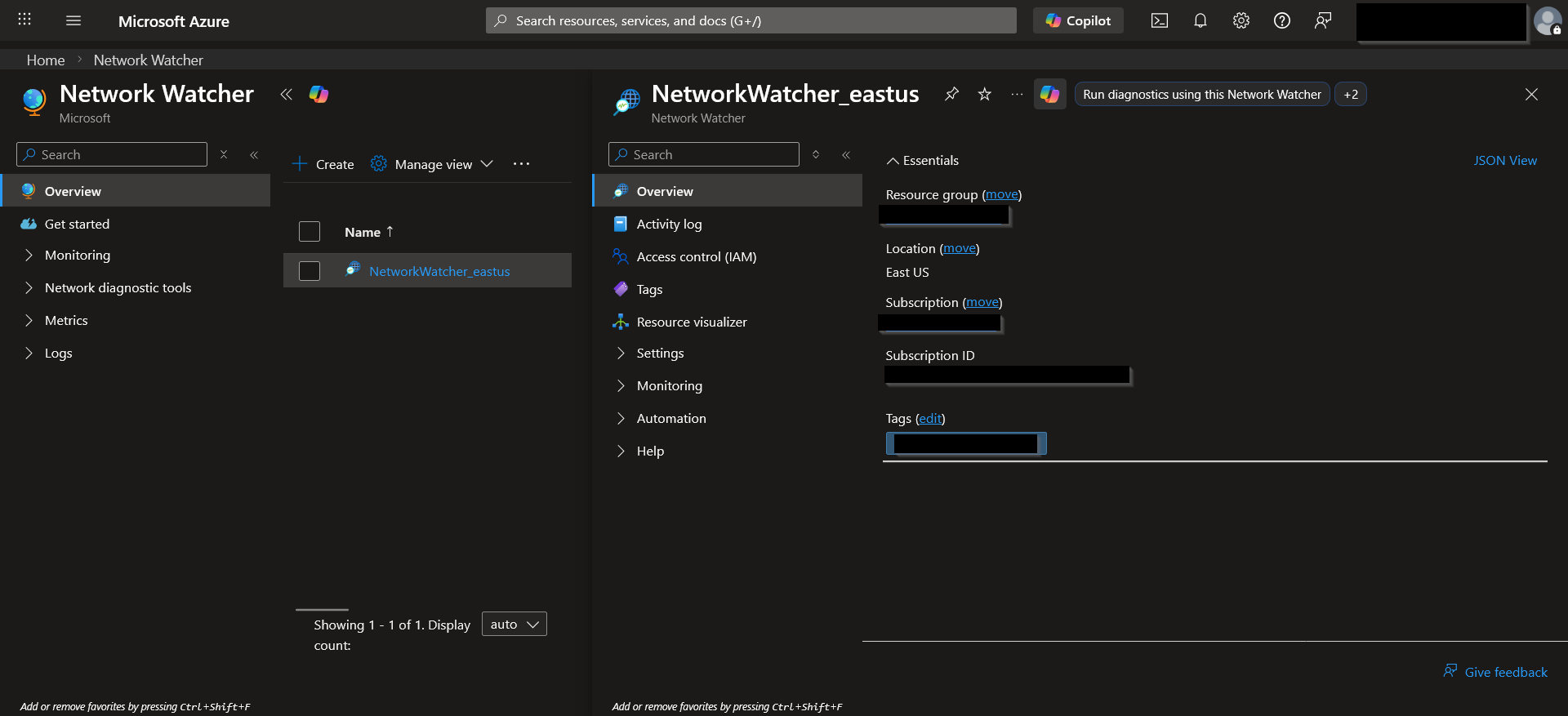 Network Watcher enabled in East US to support topology, routing, and connectivity diagnostics.